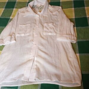 Lavish M White 3/4 Sleeve Button Up 2 Pockets Crochet Women's Shirt Blouse